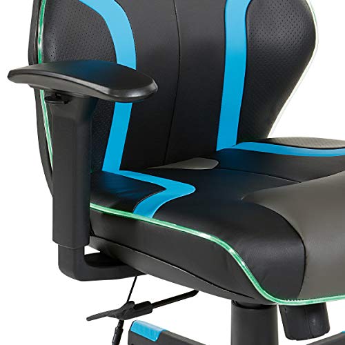 OSP Home Furnishings Rogue High-Back LED Lit Gaming Chair, Black Faux Leather With Blue Trim and Accents