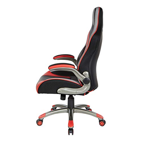 OSP Home Furnishings Uplink Ergonomic Adjustable High Back Faux Leather Gaming Chair with Thick Coil Spring Seat and Padded Flip Arms, Red Trim