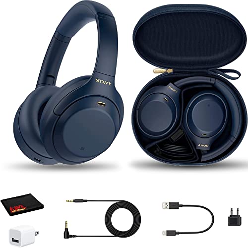 Sony WH-1000XM4 Wireless Noise Canceling Overhead Headphones with Mic for Phone-Call, Voice Control, Blue, with USB Wall Adapter and Microfiber Cleaning Cloth - Bundle