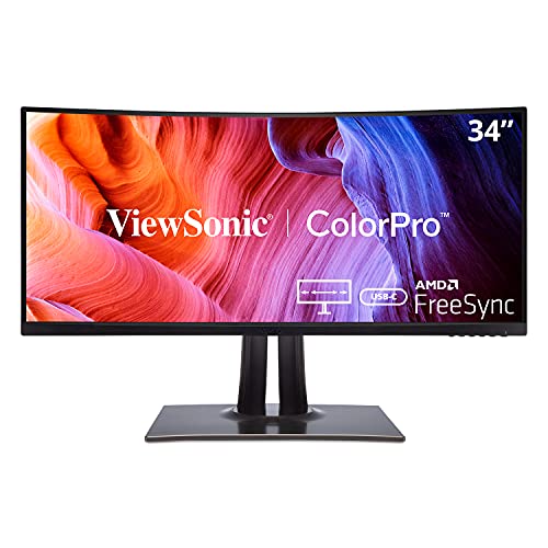 ViewSonic VP3481a 34-Inch WQHD+ Curved Ultrawide USB C Monitor with FreeSync, 100Hz, ColorPro 100% sRGB Rec 709, 14-bit 3D LUT, Eye Care, 90W USB C, HDMI, DisplayPort for Home and Office