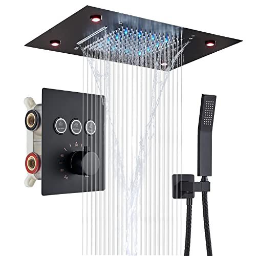 Matte Black 3 Functions Thermostatic Rain Shower Faucet Fixture Combo Set 14 X 20 Inch LED Waterfall Rainfall Shower Head with Hand Shower Rough-in Can Use All Options at A Time