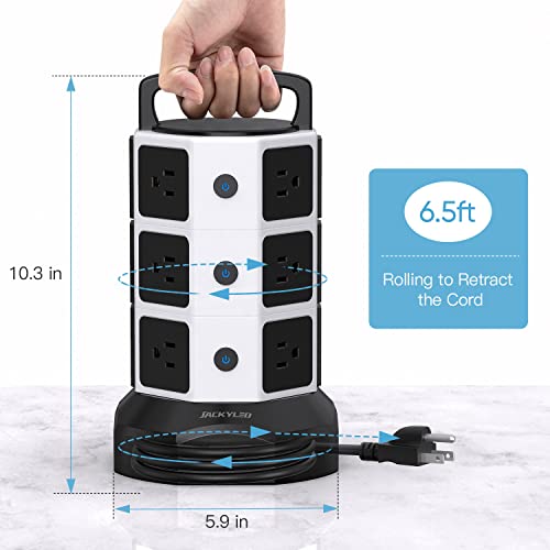 Power Strip Tower Surge Protector, JACKYLED 1625W 13A Outlet Surge Electric Tower, 12 Outlets 6 USB Ports Charging Station with 16AWG 6.5ft Heavy Duty Extension Cord for Home Office Dorm