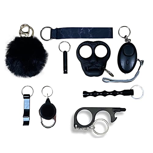 Safety Keychain Set for Woman with Personal Safety Alarm, Pom Pom and Lip Balm Lanyard Wirstlet