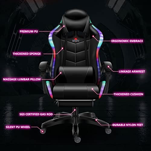 FZYUAN Video Gaming Chairs LED Lights, Ergonomic Office Chair, Full Massager Lumbar Support, and Bluetooth Speaker, Computer Chair with Retractible Footrest Adjustment of Backrest,Red