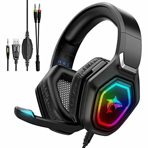 Gaming Headset with Microphone PS5 Headset with Noise Canceling Mic RGB LED Light, Stereo Surround Sound Over Ear Gaming Headphone for PS5 PS4, Switch,Xbox One,Laptops,PC,Phones