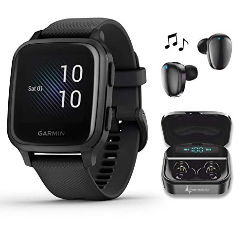 Garmin Venu Sq Music GPS Best Multisport Fitness Smartwatch Black/Slate with Wearable4U Black Earbuds with Charging E-Bank Case Bundle