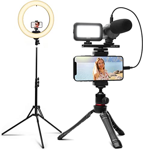 Movo iVlogger + Ring Light - iPhone/Lightning Compatible Vlogging Kit Phone Video Kit Accessories: Phone Tripod, Phone Mount, LED Light and Cellphone Shotgun Microphone and VGC-30 LED Ring Light