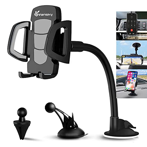 Car Phone Holder Mount, Vansky 3-in-1 Universal Cell Phone Holder Car Air Vent Holder Dashboard Mount Windshield Mount for iPhone 12 11 X XR 7/7 Plus, Samsung Galaxy S9 LG Sony and More