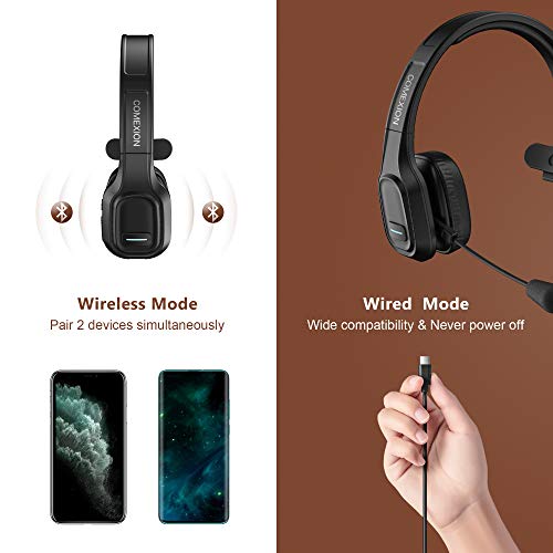 COMEXION Trucker Bluetooth Headset V5.0, Wireless Headset with Noise Canceling&Mute Microphone for Cell Phones, On Ear Bluetooth Headphone with Wireless&Wired Mode for Trucker, Home Office, Skype