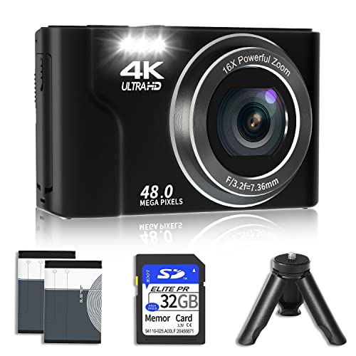 VJIANGER 4K 48MP Ditial Camera for Photography 2.8" Vlogging Camera for YouTube Compact Portable Video Camera with Manualfocus, 16X Digital Zoom, 2 Batteries, 32GB SD Card, Tripod(Black)