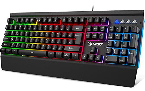 NPET K510 Gaming Keyboard, Wired LED Backlit Computer Keyboard with Ergonomic Wrist Rest, 12 Multimedia Keys & 19 Keys Anti-ghosting USB Full Size Rainbow Keyboard for Laptop/Desktop/PC