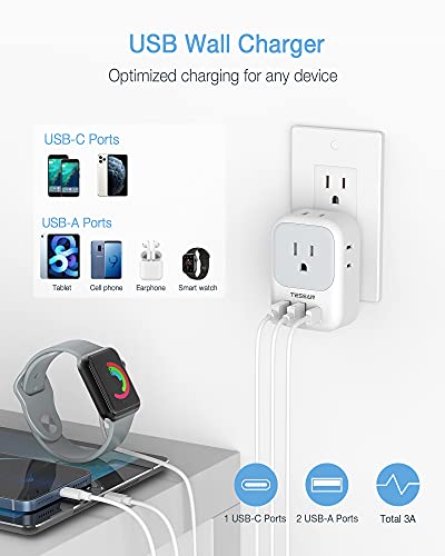 USB Wall Charger, USB Plug Adapter Outlet Extender, TESSAN 3 USB Hub (1 USB C Port), Multi Charging Station for Cruise, Bathroom, Office, Dorm Essentials