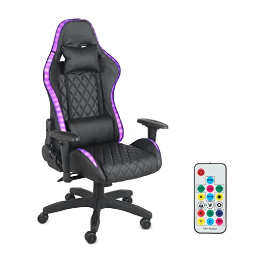 Comfty RGB LED Reclining Diamond Quilted Black Leather Racing Gaming Pillows & Remote Control Chairs, Multicolor