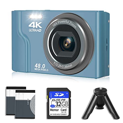 Digital Camera,VJIANGER 4K 48MP Mini Camera for Photography 2.8" Vlogging Camera for YouTube with Manualfocus, 16X Digital Zoom, 2 Batteries, 32GB SD Card, Tripod(Blue)