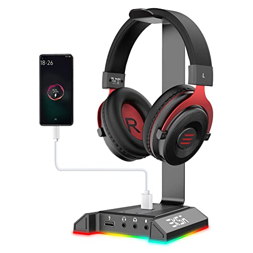RGB Headphone Stand with 7.1 Surround Sound, EKSA Gaming Headset Holder with USB & 3.5mm Ports, Headset Stand for Desk Perfect Gaming Accessories Gifts for Desktop Gamers, Suitable for Most Headphones
