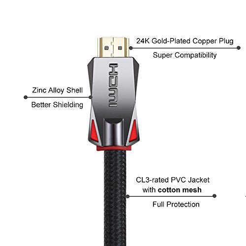 4K HDR HDMI Cable 6 Feet, 18Gbps 4K 120Hz, 4K 60Hz(4:4:4 HDR10 ARC HDCP2.2) 1440p 144Hz High Speed Ultra HD Bi-Directional Cord 26AWG Compatible with Apple-TV Ps4 Xbox One