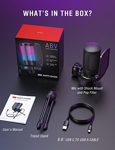 Gaming USB Microphone for PC PS5, FIFINE Condenser Mic with Quick Mute, RGB Indicator, Tripod Stand, Pop Filter, Shock Mount, Gain Control for Streaming Discord Twitch Podcasts Videos- AmpliGame