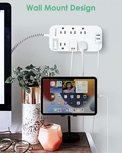 Power Strip - 10 FT Long Flat Plug Extension Cord, 6 Outlets 3 USB Ports Outlet Extender with Overload Protection, Wall Mount, Desktop Charging Station for Home, Office and Dorm Essential