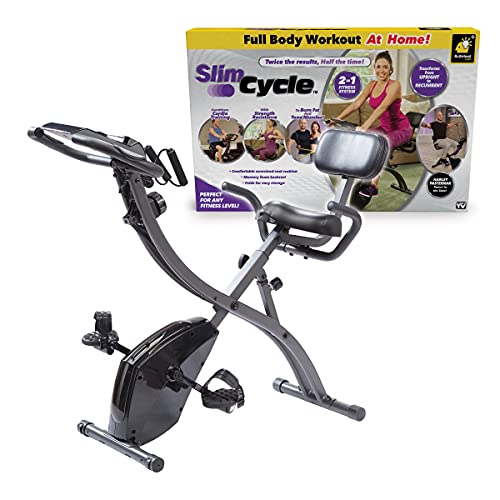 As Seen On TV Slim Cycle Stationary Bike by Bulbhead, Most Comfortable Exercise Machine, Thick, Extra-Wide Seat & Back Support Cushion, Recline or Upright Position, Twice the Results in Half the Time