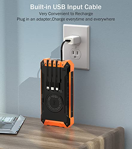 Solar Power Bank 36000mAh Built-in 4 Cables Qi Wireless Charger with Dual LED Flashlight Solar Portable External Battery IPX4 Waterproof 15W 5V/3A USB C Port Six Outputs Three Inputs(Orange)