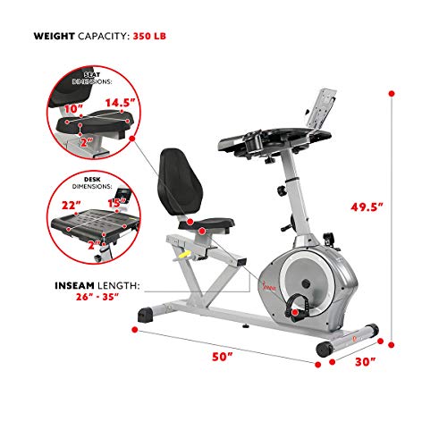 Sunny Health & Fitness Magnetic Recumbent Desk Exercise Bike, 350lb High Weight Capacity, Monitor - SF-RBD4703,Gray