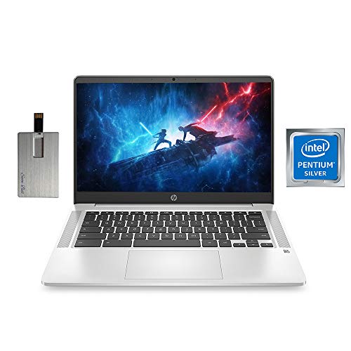 2020 HP Chromebook 14" HD Laptop Computer, Intel Quad-core Pentium Silver N5000 Processor, 4GB RAM, 64GB eMMC, B&O Audio, HD Webcam, Long Battery Life, USB-C, Chrome OS, Grey, 128GB SnowBell USB Card