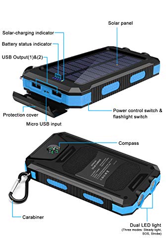 Solar Charger, 20000mAh Portable Outdoor Waterproof Solar Power Bank, Camping External Backup Battery Pack Dual 5V USB Ports Output, 2 Led Light Flashlight with Compass (Blue)