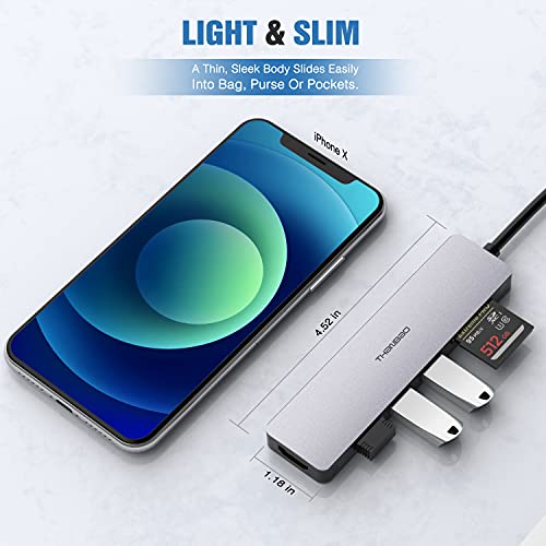 USB C Hub Multiport Adapter - 7 in 1 Portable Space Aluminum Dongle with 4K HDMI Output, 3 USB 3.0 Ports, SD/TF Card Reader Compatible for MacBook Pro, XPS More Type C Devices