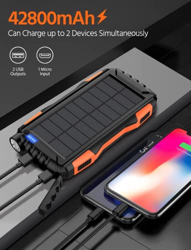 Solar Power Bank,Solar Charger,42800mAh Power Bank,Portable Charger,External Battery Pack 5V3.1A Qc 3.0 Fast Charging Built-in Super Bright Flashlight(Orange) Visit The Mregb Store