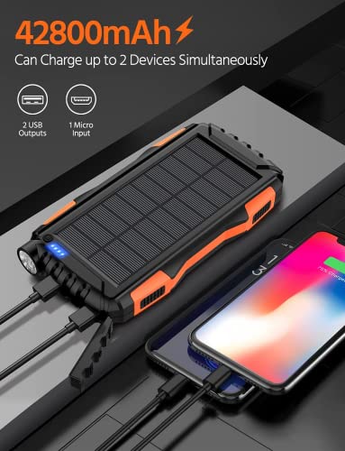 Solar Power Bank,Solar Charger,42800mAh Power Bank,Portable Charger,External Battery Pack 5V3.1A Qc 3.0 Fast Charging Built-in Super Bright Flashlight(Orange)