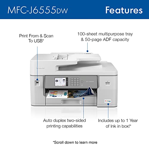 Brother MFC-J6555DW INKvestment Tank Color Inkjet All-in-One Printer with up to 1 Year of Ink in-box1 and 11” x 17” Print, Copy, scan, and fax Capabilities