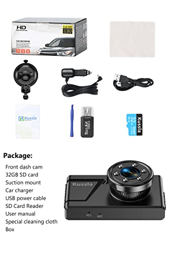 Dash Cam with 32GB SD Card, Kussla 1920P Dash Camera for Cars, Super Night Vision 6 IR Light, 170° Wide Angle Dashcam, 3inch Dashboard, Loop Recording, WDR, G-Sensor, Parking Monitor, Motion Detection