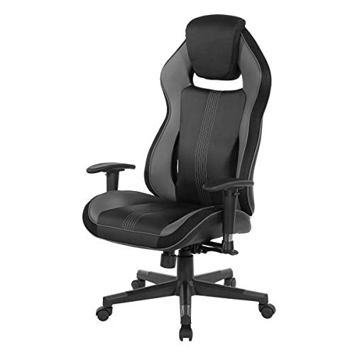 OSP Home Furnishings BOA II Ergonomic Adjustable High Back Gaming Chair with Thick Padded Coil Spring Seat, Built-in Lumbar Support and Headrest, Black with Grey Accents