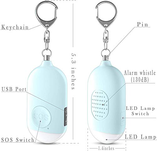 Safesound Personal Alarm Siren Song 2 Pack White and Blue - 130dB Self Defense Alarm Keychain Emergency LED Flashlight with USB Rechargerable - Security Personal Protection Devices for Women