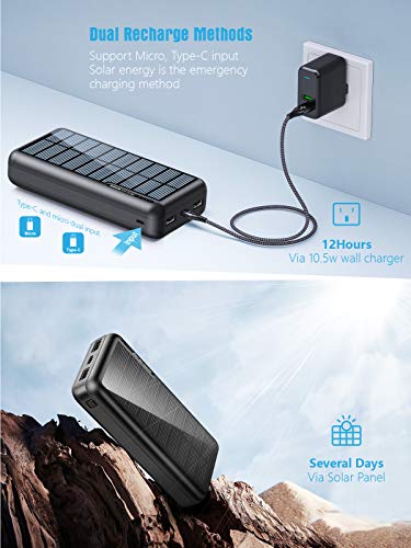 Portable Charger 30000mAh, Minrise Power Bank Solar Charger with 2 USB Outputs, External Battery Pack for Outdoor Activities Compatible with Cellphones etc