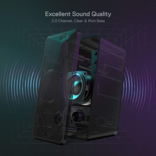 Redragon GS510 Waltz RGB Desktop Speakers, 2.0 Channel PC Computer Stereo Speaker with 4 Colorful LED Backlight Modes, Enhanced Bass and Easy-Access Volume Control, USB Powered w/ 3.5mm Cable