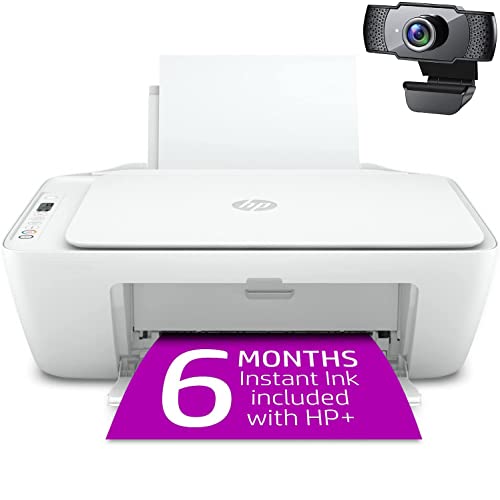 HP DeskJet 2752e Wireless All-in-One Instant Ink Ready Color Inkjet Printer, White - Print Scan Copy - WiFi, Bluetooth, USB Connectivity, Icon LCD Display, 1200 x 1200 dpi, Cbmou External Webcam