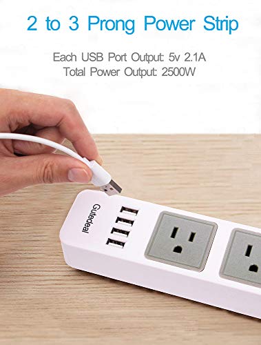 2 Prong Power Strip with USB, 2 Prong to 3 Prong Outlet Adapter with 4 USB Ports 6.6ft Extension Cord, 3 AC Outlets Flat Plug Surge Protector for Smartphone Tablets Home, Office and Hotel, White