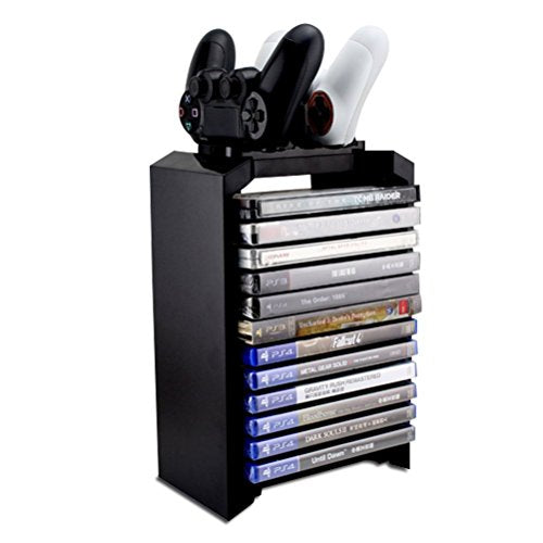 Amever-PS4 Storage Tower Holder Stand & Dual Charger Dock for Sony Dualshock 4 Controller/Gamepad Joystick - Playstation 4 Console Controllers Charging Station - Stores 12 Games - Playstation 4