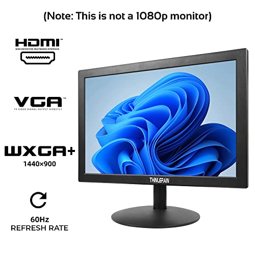 Thinlerain 15 inch PC Monitor Desktop Monitor with 1440×900, Small Monitor with 16:10 LED Monitor, TFT Panel, 60 Hz, 5Ms, VGA, HDMI, Built-in Speakers