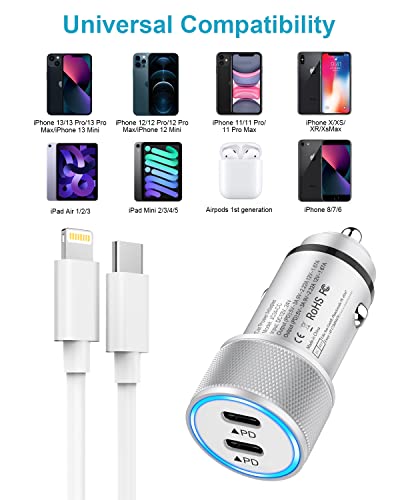 iPhone Car Charger Fast Charging[Apple MFi Certified],40W Apple Car charger for iPhone 14 13 12 Pro Max/11/XR/XS/X/iPad,Poukey Rapid PD Dual USB C Car Charger Adapter with 2x Type C to Lightning Cable