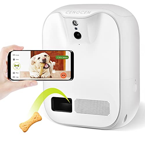 Pet Monitoring Camera Dog Treat Dispenser - CENGCEN Two-Way Audio HD WiFi Dog Camera with 130° View, Remote Tossing App Compatible with Android/iOS, Supports Cloud Storage, Night Vision, Wall Mounted