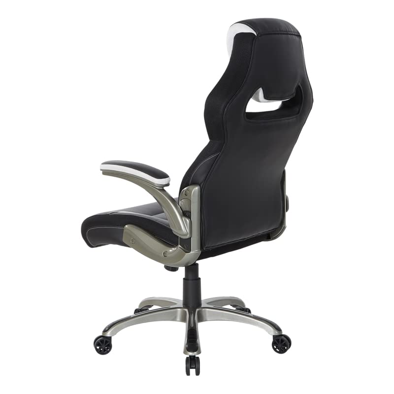 OSP Home Furnishings Oversite Ergonomic Adjustable High Back Faux Leather Gaming Chair with Thick Coil Spring Seat and Padded Flip Arms, White Accents