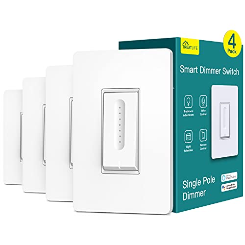 Smart Dimmer Switch 4 Pack, TREATLIFE Smart Light Switch Works with Alexa and Google Home, 2.4GHz WiFi Light Switch for Dimmable LED/CFL/Incandescent Bulbs, Neutral Wire Required, Single-Pole