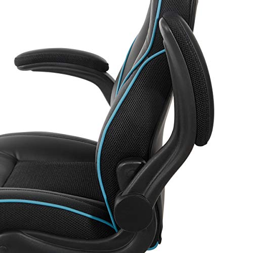 OSP Home Furnishings Xeno Ergonomic Adjustable Faux Leather Gaming Chair with Integrated Headrest and Airflow Cooling Material, Black with Blue Accents