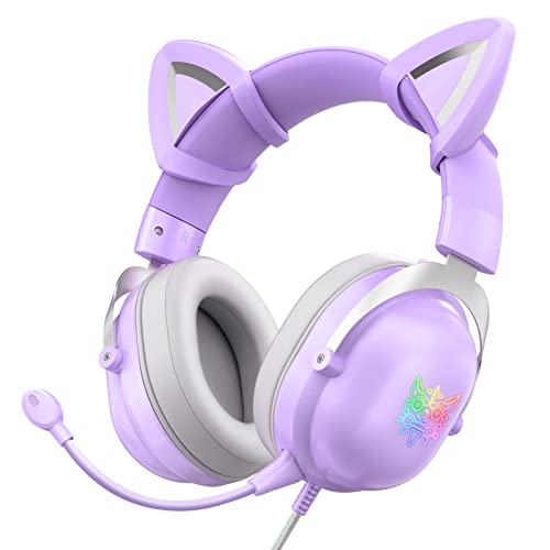 HOLULU Gaming Headset with Removable Cat Ears, Compatible with PC Mobile Phones Tablet, PS5 PS4 Xbox One(Adapter Not Included), with RGB Backlight, Removable Mic, 3.5mm & USB C Plug, Purple