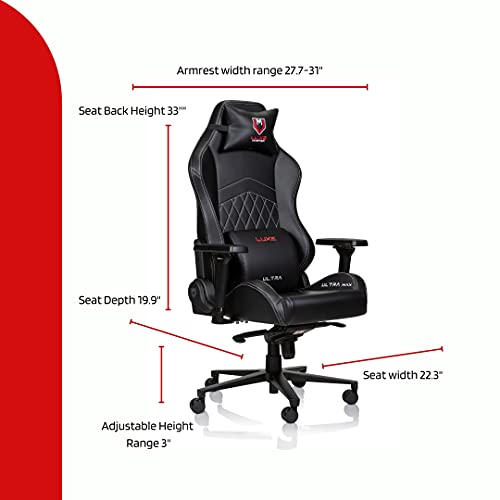 Luxe Ultra Max Gaming Chair and Desk Chair- Black Body with Black Side seat Panels and Gold Stitching