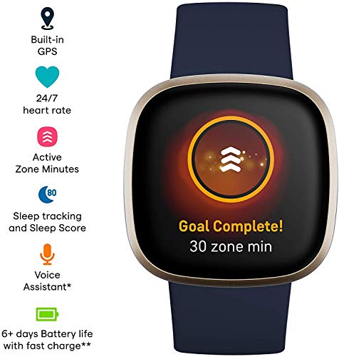 Fitbit Versa 3 Health & Fitness Smartwatch W/ Bluetooth Calls/Texts, Fast Charging, GPS, Heart Rate SpO2, 6+ Days Battery (S & L Bands, 90 Day Premium Included) International Version (Blue/Gold)