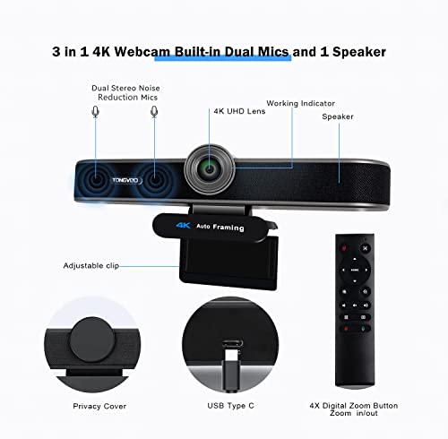 Zoomable 4K Webcam with Microphones and Speaker, TONGVEO 4X Digital Zoom ePTZ Video Conference Web Camera with Remote and Privacy Cover AI Auto Framing Streaming Webcam for Zoom,Skype
