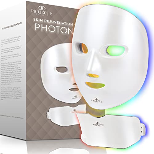 Project E Beauty LED Light Therapy Face & Neck Mask | Wireless Photon Skin Rejuvenation Red Blue Green Therapy 7 Color Treatment Anti Aging Acne Spot Removal Wrinkles Brightening Facial Skin Care Mask